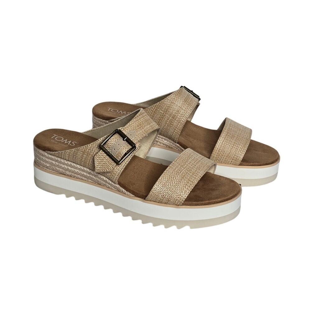TOMS Womens Size 12 Beige Raffia Platform Espadrille Sandals Buckle
